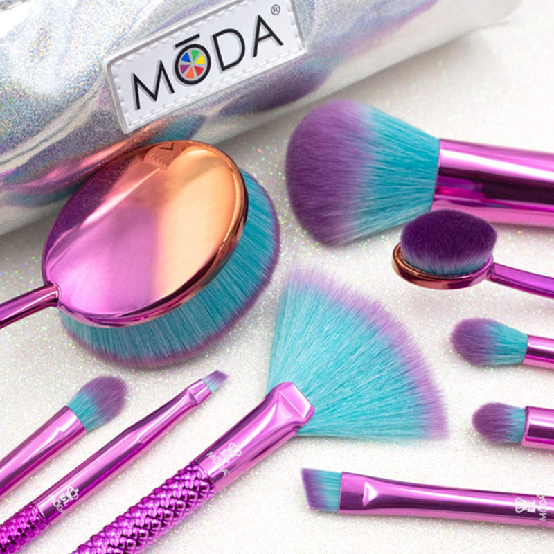 MODA Prismatic 10pc Full Size Deluxe Makeup Brush Set, Includes - Foundation, Contour, Multi-Purpose Powder, Fan, Eye Shader, Smoky Eye, Crease, Brow and Angle Eyeliner Brushes with Pouch - BeesActive Australia