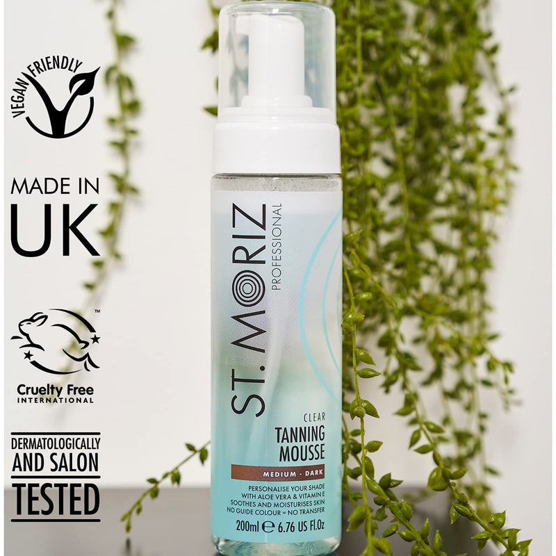 St Moriz Professional Clear Tanning Mousse with Aloe Vera, Vitamin E, Fast Drying Vegan Fake Tan, Medium to Dark (200ml) - BeesActive Australia