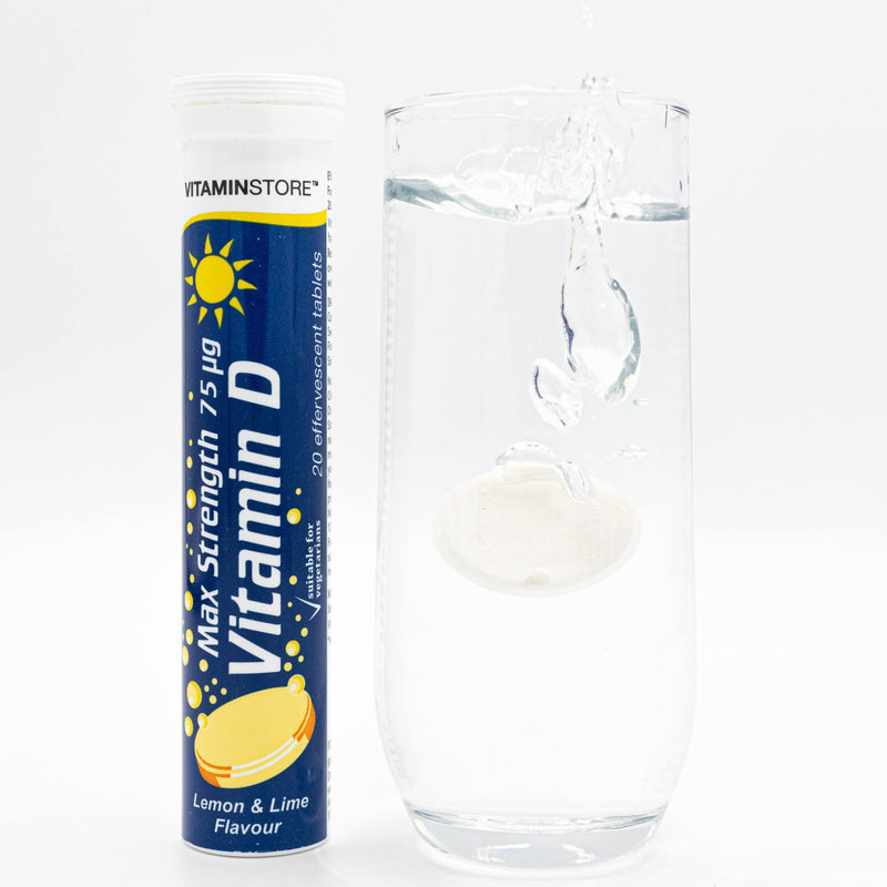Vitamin Store Vitamin D Effervescent Tablets, 3 Packs of 20 High Strength Vitamin D Supplement - Max Strength 75ug - Lemon & Lime Flavoured Vegan Tablets To Support Bone Health & Healthy Immune System 1 Count (Pack of 3) - BeesActive Australia