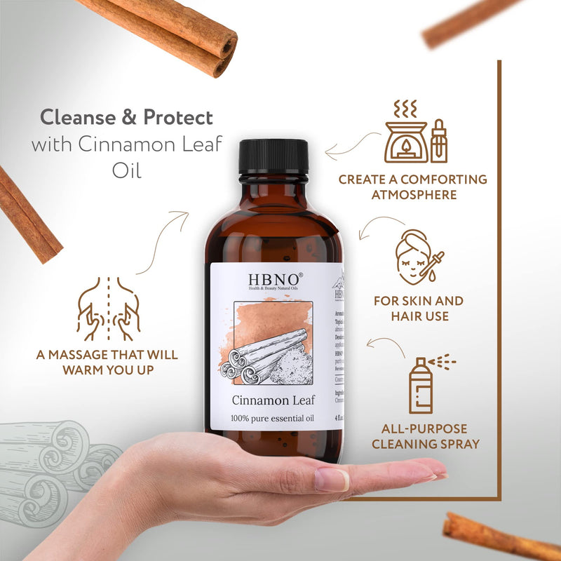 HBNO Cinnamon Leaf Essential Oil - Huge 4 oz (120ml) Value Size - Natural Cinnamon Oil, Steam Distilled - Perfect for Cleaning, Aromatherapy, DIY, Soap & Diffuser - Cinnamon Essential Oils 4 Fl Oz (Pack of 1) - BeesActive Australia
