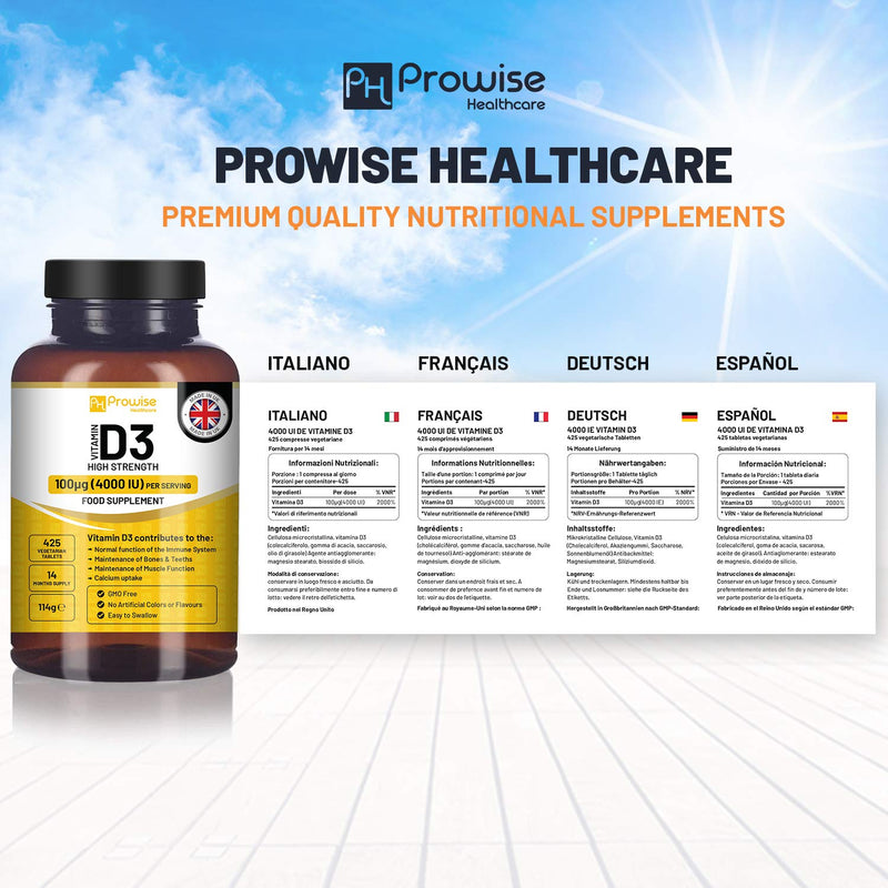 Vitamin D3 4000 IU High Strength I 425 Vegetarian Tablets (14 Months Supply) I Easy Swallow Vitamin D3 Supplement for Immune Support, Calcium Boost, Bone & Muscle I Vitamin D Made in the UK by Prowise - BeesActive Australia