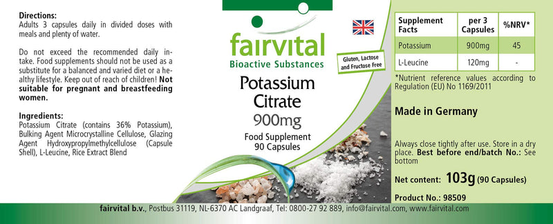 Potassium Citrate 900mg - Vegan - HIGH Dosage - 90 Capsules - 300mg Potassium per Capsule - BeesActive Australia