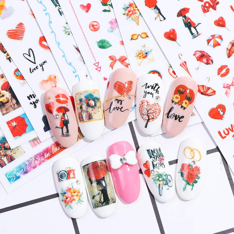 Valentines Nail Art Stickers 8 Sheets Sexy Lips Romantic Rose Love Heart Kiss Design Nail Art Decals Water Transfer Nail Stickers for Women Girl Dating Valentine's Day Decor - BeesActive Australia