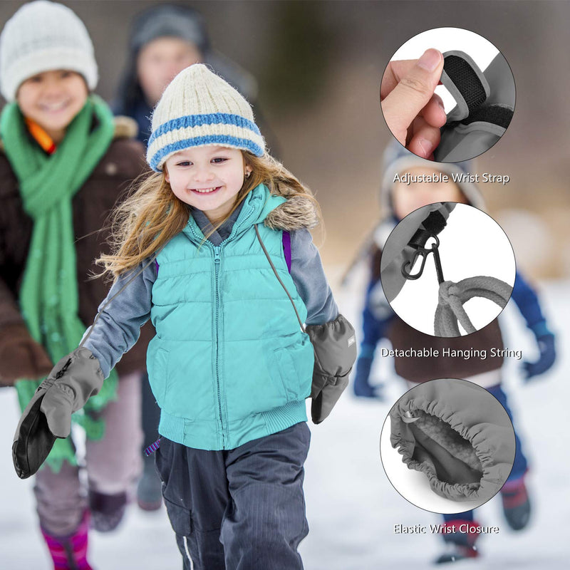 MCTi Kids Mittens Waterproof Winter Ski Warm Sherpa Lined Long Cuff with String Gray XXX-Small(Fits 1-2 years) - BeesActive Australia