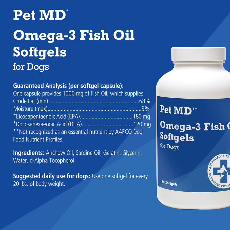 Pet MD – Omega 3 Fish Oil Supplement for Dogs – Skin, Coat, Joint, and Heart Health – 180 Softgels - BeesActive Australia