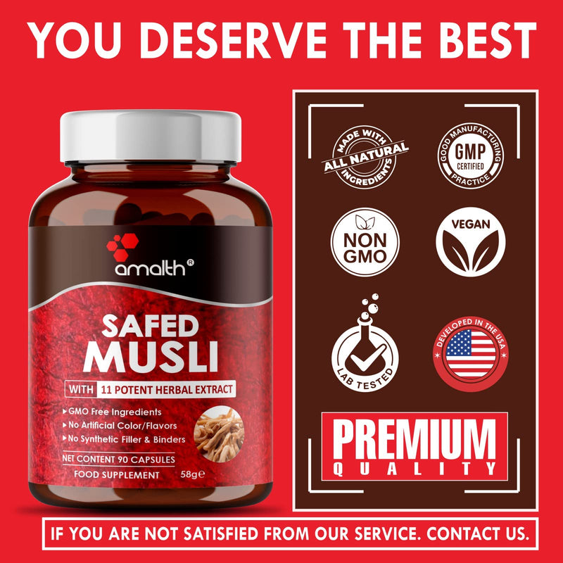 Safed Musli Extract Supreme Quality, High Potency Added Piperine to Boost Absorption, 5750mg Extra Strength with 11 Potent Herbs Support Boost Stamina & Muscle Building 90 Veg Capsule-Amalth - BeesActive Australia
