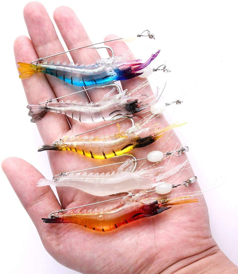 WANBY Fishing Shrimp Lures Luminous Silicone Soft Shrimp Lures Bait Set Kit Swimbait Fishing Lures with Hook Fishing Tackle for Freshwater Saltwater 5PCS - BeesActive Australia