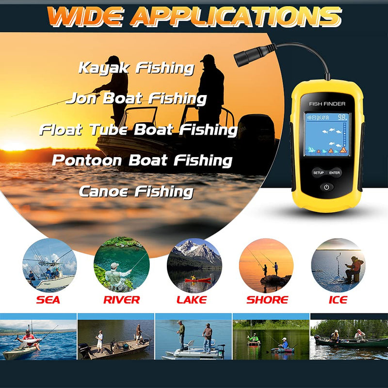 Atibin Handheld Kayak Fish Depth Finder Portable Transducer Fish Finder Sonar Boat Dock Fish Finders Display Water Fishing Yellow - BeesActive Australia