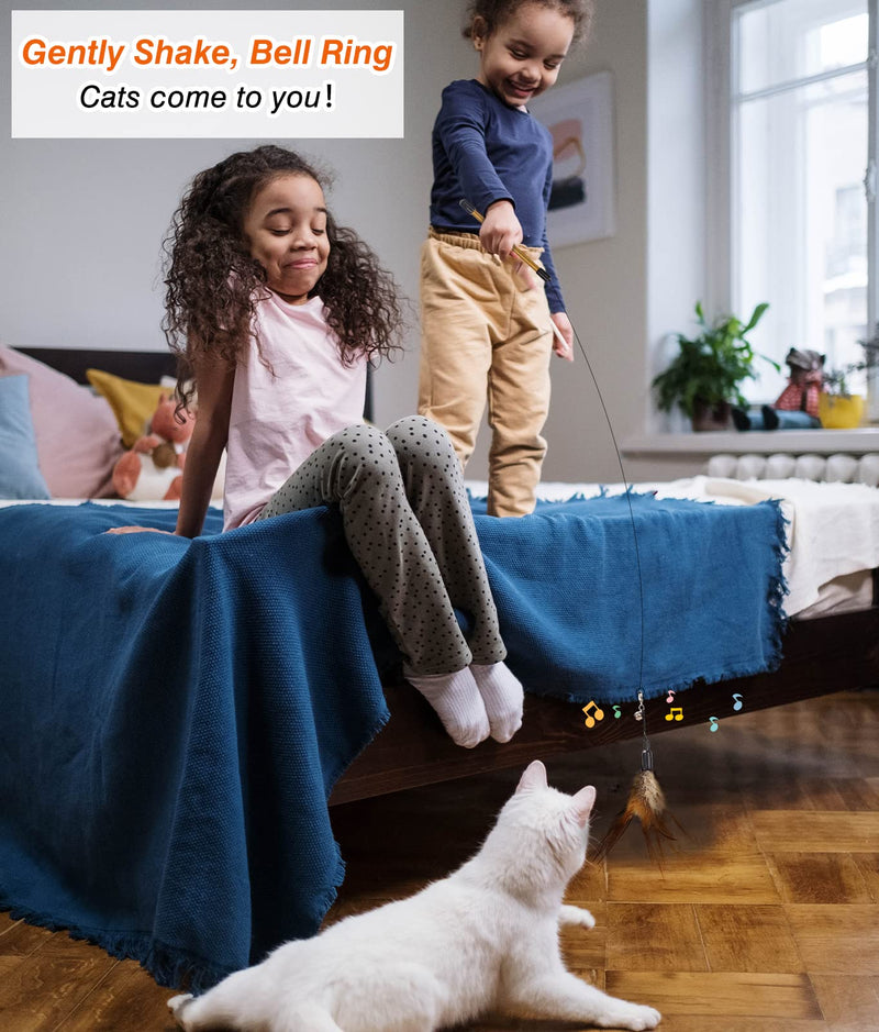 Pawaboo Feather Teaser Cat Toy, Interactive Feather Wand Cat Toy Flying Feather Cat Catcher with Extra Long 34.5" Wand and Small Bell, Fun Exerciser Playing Toy for Kitten or cat Brown - BeesActive Australia