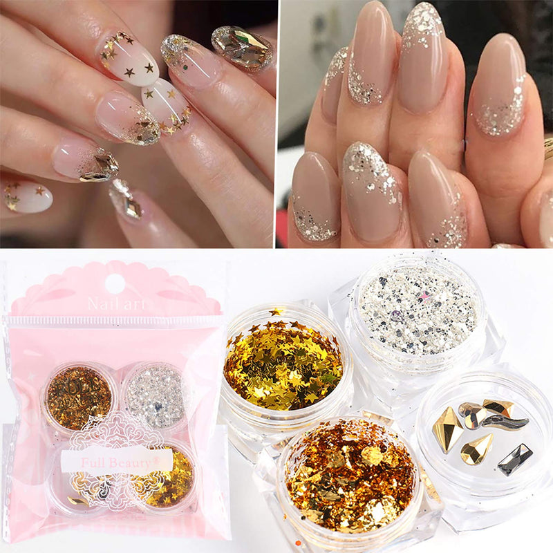 4 Boxes Holographic Nail Art Sequins Kits,3D Nails Glitter Gold Nail Foil Fragments,Laser Star Shining Flakes Nail Supplies,DIY Nail Decorations Accessories for Women Girls - BeesActive Australia