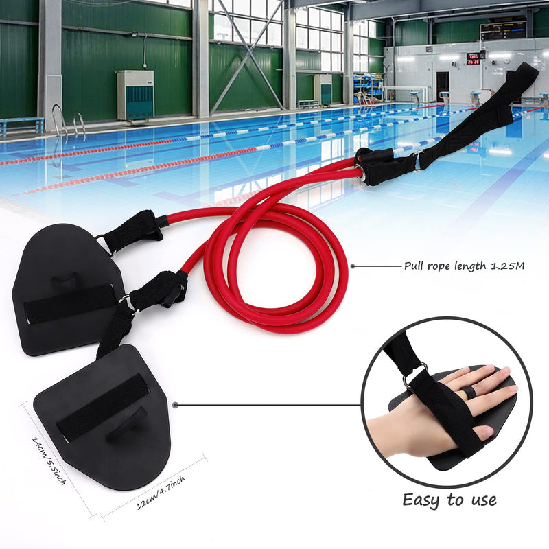 TOBWOLF Swimming Arm Strength Trainer, 1.25M / 4.1FT Swimming Resistance Bands with Swim Hand Paddles, Arm Exercises for Swimmers, Elastic Band Set for Home Gym Swimming Muscle Training Red (30Lb) - BeesActive Australia