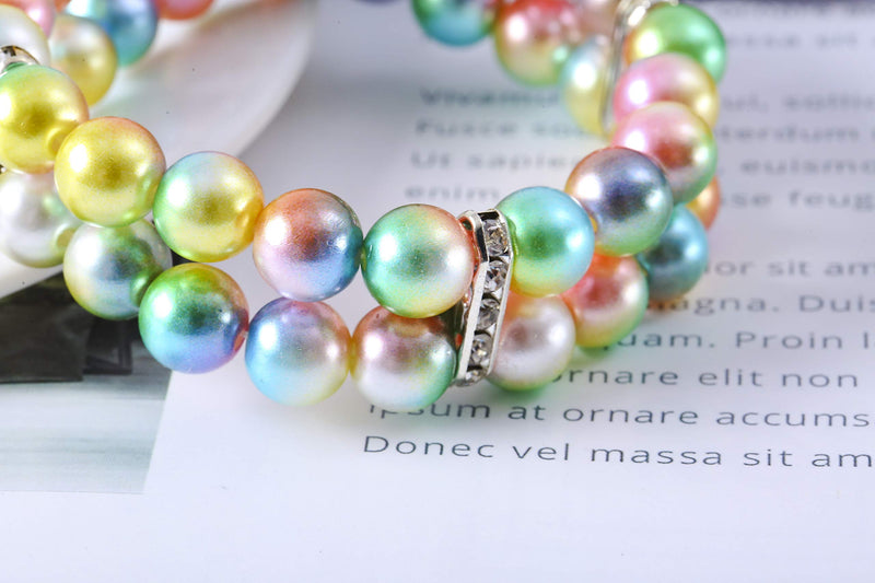 PET SHOW Small Dog Necklace Two Rows Elastic Faux Pearl with Rhinestone Cat Puppy Rabbit Jewelry Grooming Accessories Medium Multi-colored - BeesActive Australia