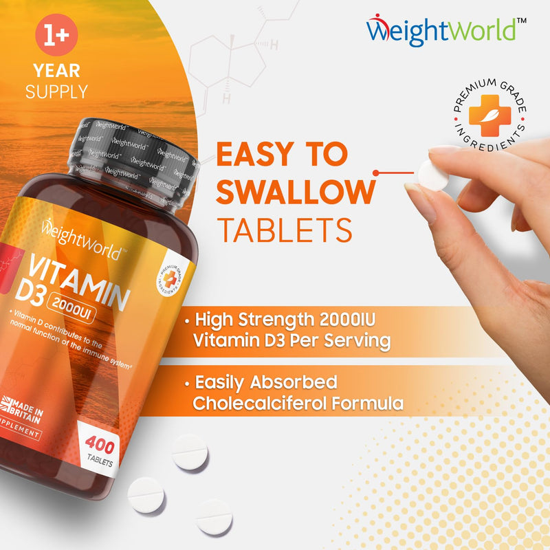 Vitamin D3 2000 IU - 400 Tablets (Over A Year Supply) Natural Vitamin D Tablets, Vitamin D Contributes to Normal Immune System & Blood Calcium Levels (EFSA), Vegetarian - Easy to Take Micro Tablets - BeesActive Australia