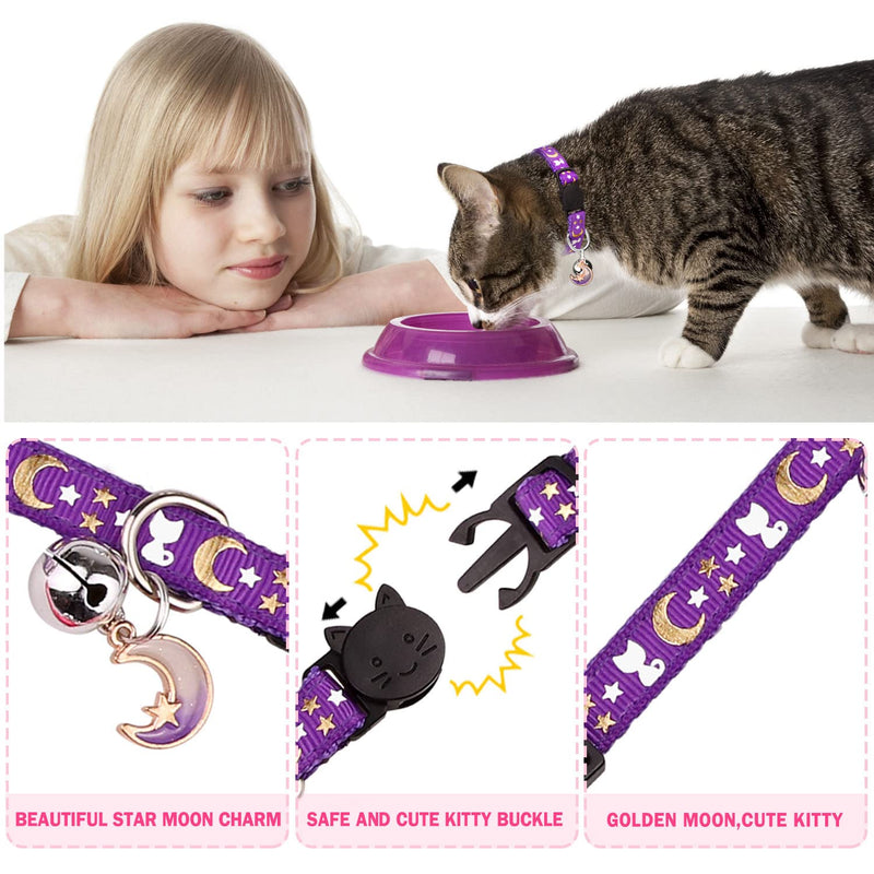 Hinialver 4 PCS Cat Collars with Bell Breakaway Gold Moons and Stars Adjustable Safety Kitten Collars with Charm Glow in The Dark - BeesActive Australia