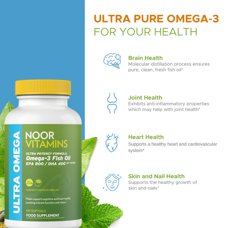 Halal Fish Oil, Halal Vitamins, Fish Oil Halal by Noor Vitamins, Ultra Omega 3 Wild Peruvian Fish Oil (800 mg EPA & 400 mg DHA) Heart, Brain & Joint Support, Non-GMO & Gluten Free (120 Count) - BeesActive Australia