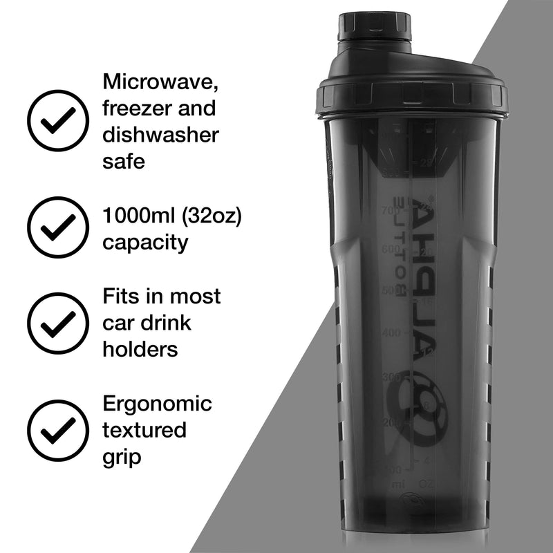 Alpha Designs - Alpha Bottle V2 Protein Shaker - Gym Shaker Bottle 1000ml, Anti-Bacterial BPA & DEHP Free 1L Protein Shaker with BioCote Technology - Smoke - BeesActive Australia