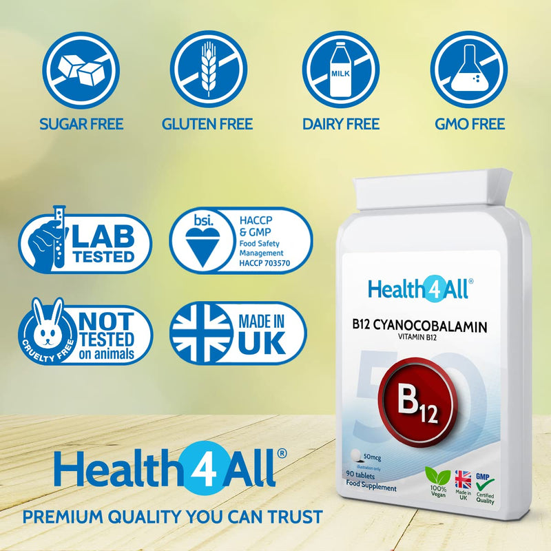 Vitamin B12 Cyanocobalamin 50mcg 180 Tablets (V) . Tablets ( not Capsules ) Vegan. Made in The UK by Health4All. 180 Count (Pack of 1) - BeesActive Australia