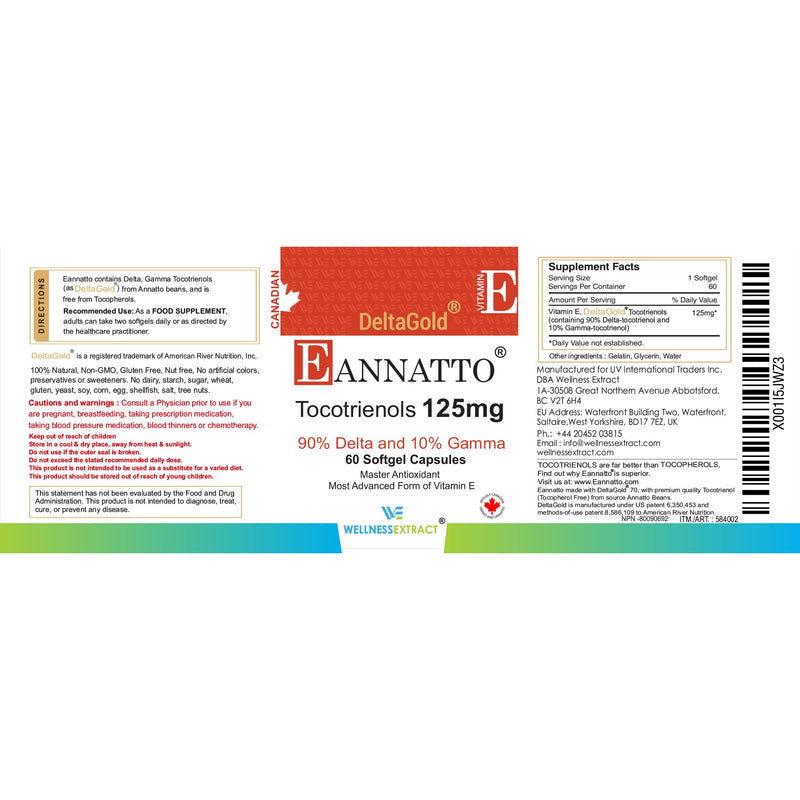 E Annatto Tocotrienols Deltagold 125mg, Vitamin E Tocotrienols Supplements 60 Softgel, Tocopherol Free, Supports Immune Health & Antioxidant Health (90% Delta & 10% Gamma) (Pack of 1) - BeesActive Australia