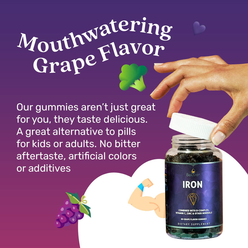 Iron Gummies Supplement with Vitamin C, A, Vitamins B Complex, Folate, Multivitamins for Women, Kids & Adults - Supports Energy, No After Taste, Vegan Supplements - Grape Flavor (60 Ct) 1 - BeesActive Australia