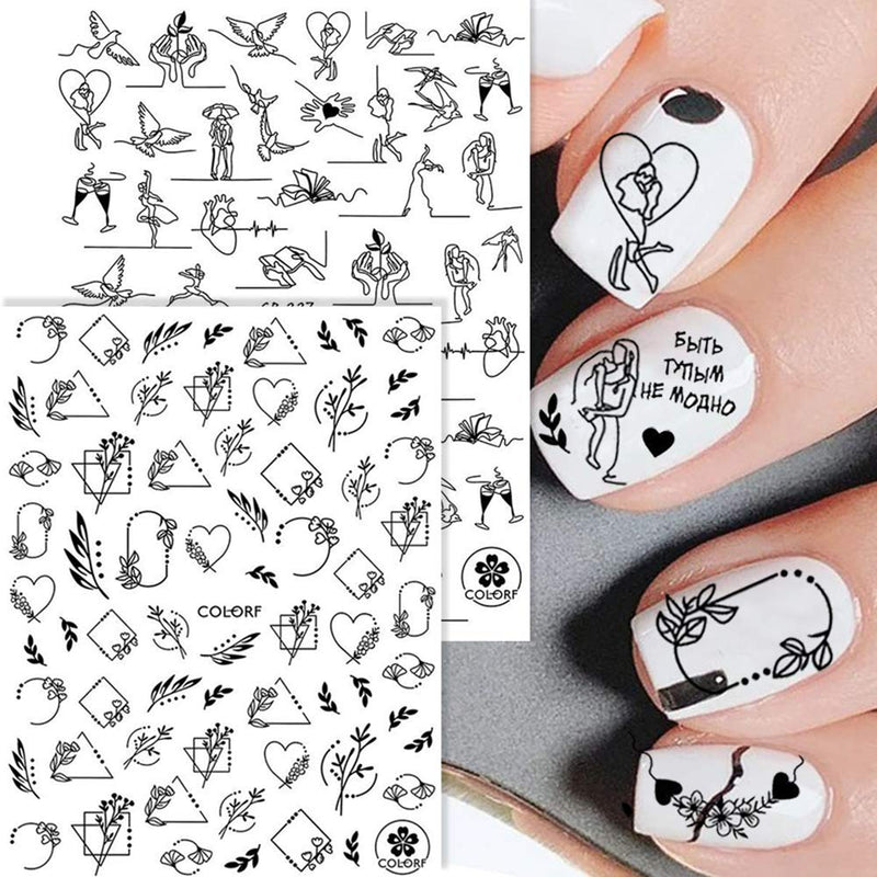 3D Black Nail Art Stickers Decals Nail Art Supplies 3D Adhesive Black Abstract Human Face Line Letter Love Heart Face Cartoon Three-Dimensional Cube Design DIY Nail Decorations 9 Sheets - BeesActive Australia