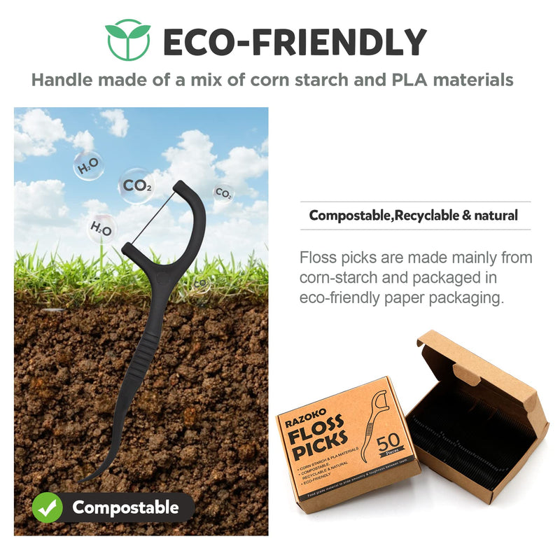 Natural Dental Floss Picks High Toughness Charcoal Toothpicks Sticks-Vegan,Eco-Friendly Sustainable Flossers for Teeth Cleaning (200 Count) 4 Count (Pack of 1) - BeesActive Australia