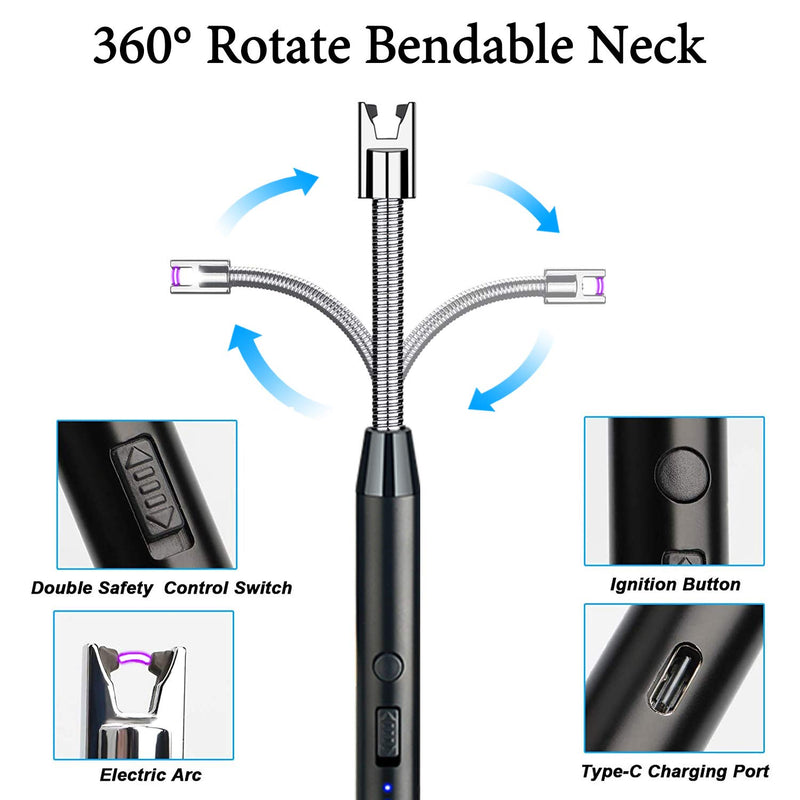 Candle Lighter, Electric Rechargeable Arc Lighter USB Lighter Grill Lighter with LED Battery Display and Safety Switch, Longer Flexible Neck for Candle Cooking BBQs Fireworks with Type C Black - BeesActive Australia