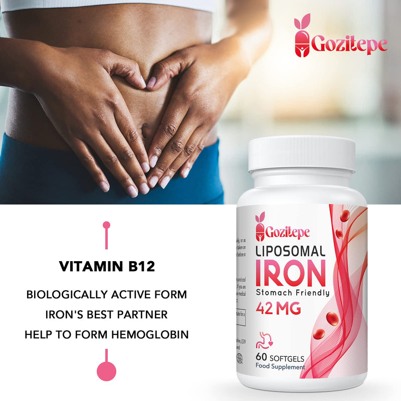 Liposomal Iron Supplement 42 mg (as Ferrous Sulfate) with Folic Acid and Vitamin B12, Increase Iron Levels for Adults, Superior Absorbed and Stomach Friendly (Pack of 1) 60 Count (Pack of 1) - BeesActive Australia