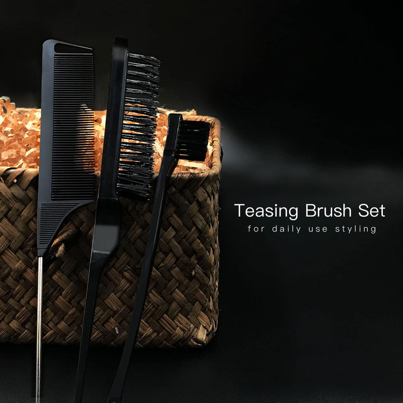 3 Pieces Teasing Brush Set, Bristle Hair Brush 3 Row Teasing Brush Dual Edge Brush Sturdy Styling Comb Parting Comb for Brushing, Combing, Slicking Hair for Stylist Women Black - BeesActive Australia