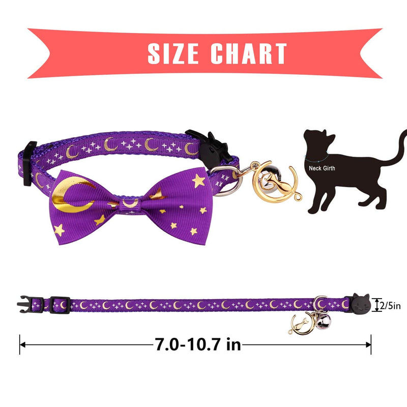 2 PCS Breakaway Cat Collar with Bow Tie and Bell Golden Moon Glowing Star in The Dark for Kitten Black & Purple - BeesActive Australia