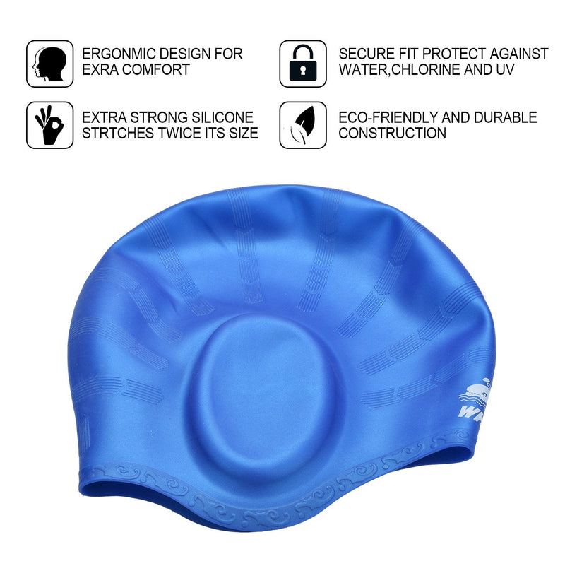 Cover Ears Swim Caps for Long Hair 100% Silicone Swimming Hat for Unisex Adult Kids Reduce Water Intake Makes Your Hair Clean blue - BeesActive Australia