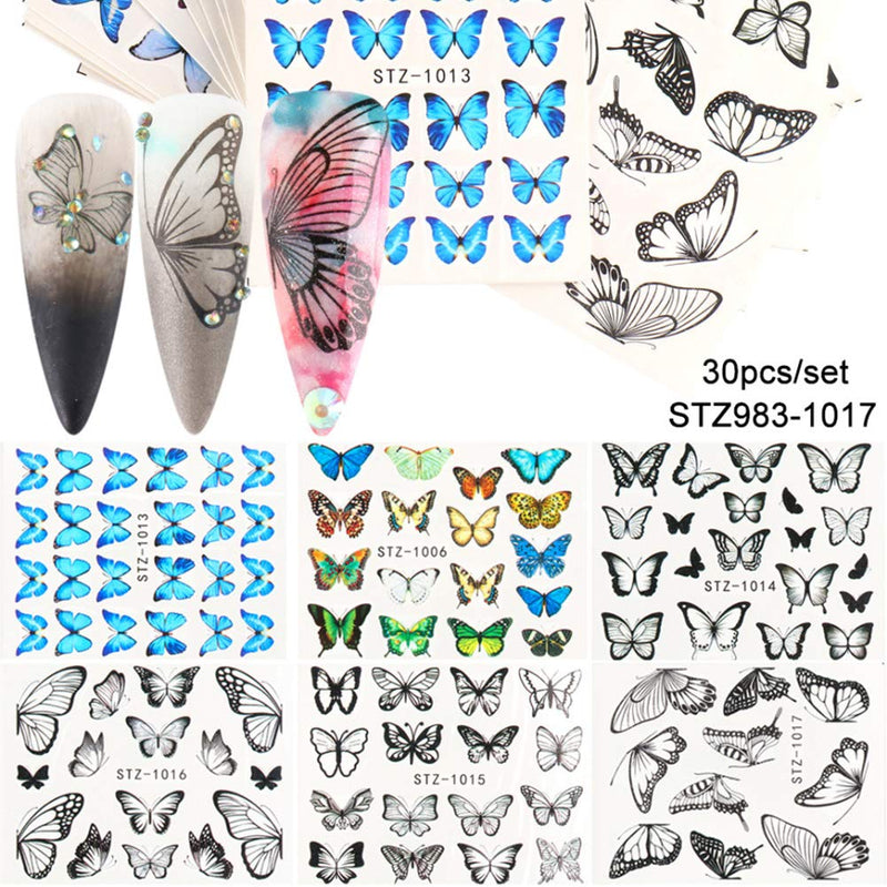 YESORNO 30 Sheets Butterfly Nail Art Stickers Flower Nail Art Decals Water Transfer Nail DIY Decoration - BeesActive Australia