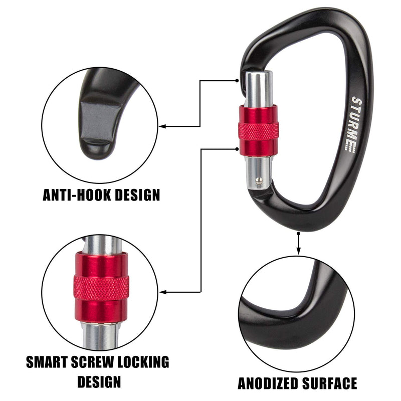 STURME Upgraded Heavy Duty Screwgate Locking Climbing Carabiner Clip, 25KN(5623lbs Each) Large Aluminum D Ring Hook for Camping, Mountaineer, Hammock, Outdoor Equipment & Large Animal Leash Black - BeesActive Australia