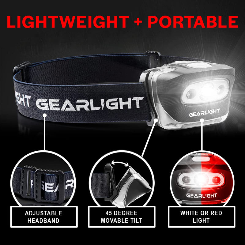 GearLight LED Head Lamp - Pack of 2 Outdoor Flashlight Headlamps w/Adjustable Headband for Adults and Kids - Hiking & Camping Gear Essentials - S500 Black 2 Pack - BeesActive Australia