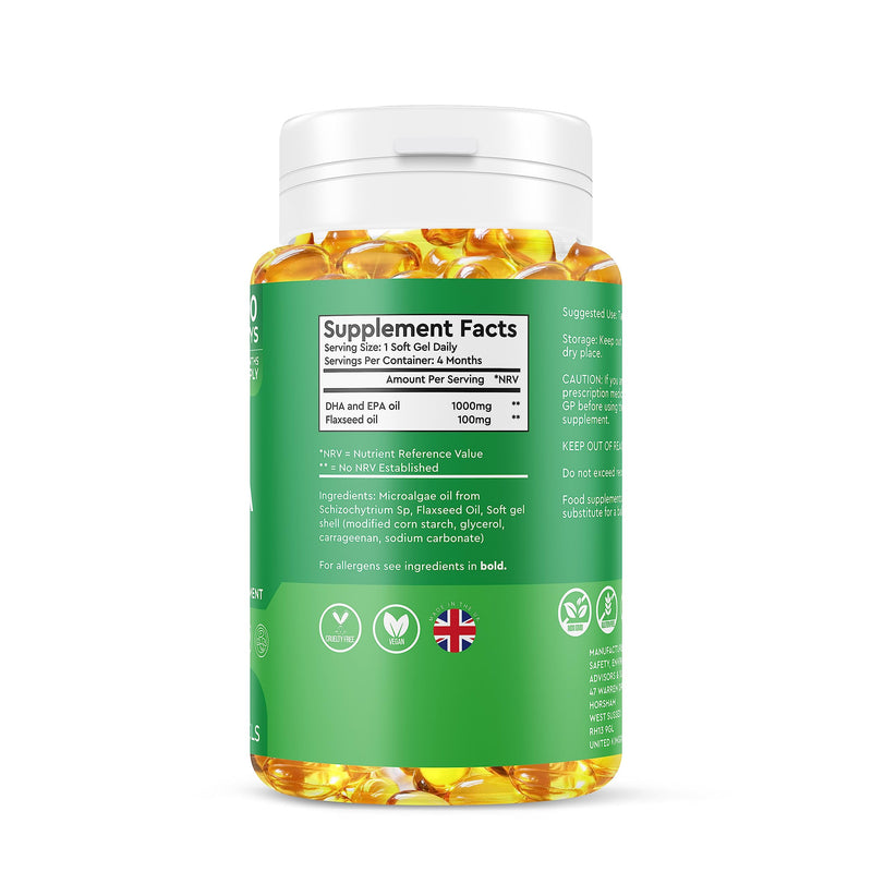 Vegan Omega 3,6 & 9-120 Soft Gels - 4 Months Supply - DHA EPA Oil & Flaxseed Oil - HIgh Strength Vegan Omega Source - BeesActive Australia
