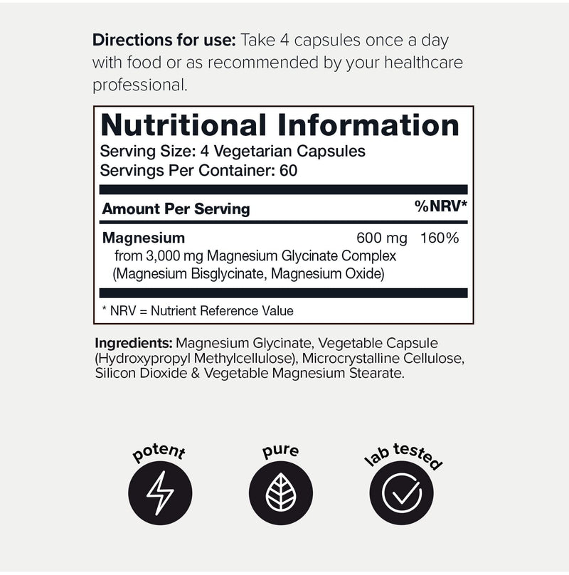 3000mg High Strength Magnesium Glycinate Supplements - 20% Purified to Contain 600mg of Elemental Magnesium - Bioavailable & Chelated Magnesium Supplements for Women & Men - Magnesium Tablets Complex - BeesActive Australia