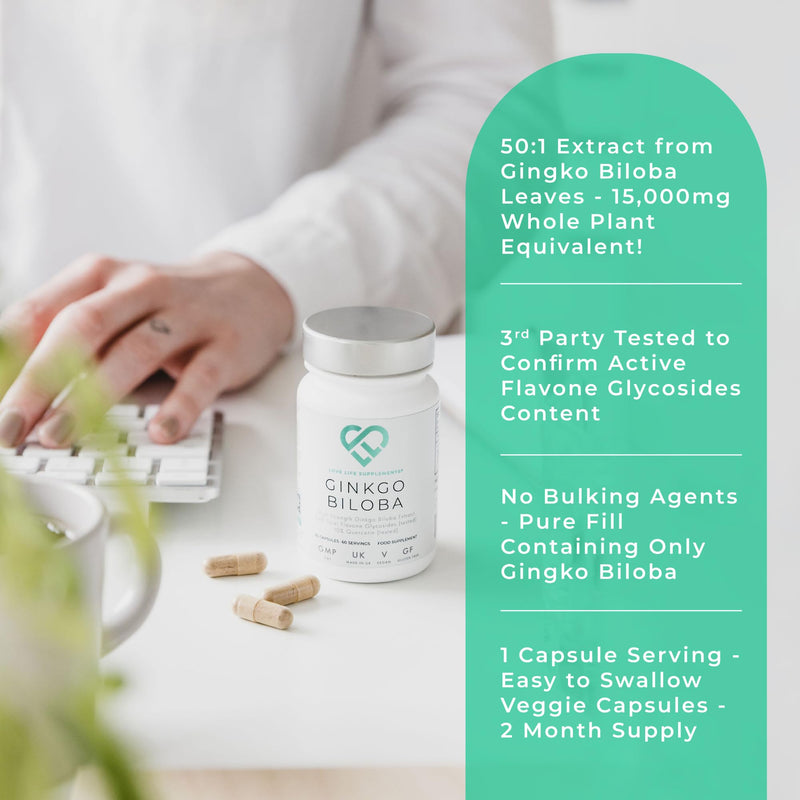 High Strength Ginkgo Biloba Capsules | 15,000mg 50:1 Extract (from Gingko Biloba Leaves) - 60 Servings | 24% Flavone Glycosides (3rd Party Tested) | Pure Ginko (No Fillers) | Love Life Supplements - BeesActive Australia