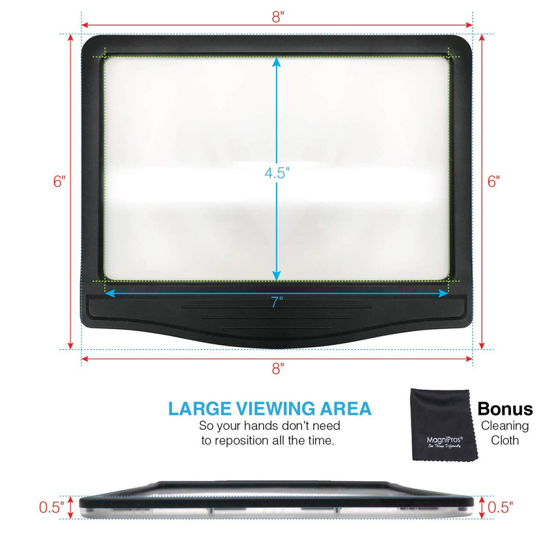 MagniPros 3X Large Ultra Bright LED Page Magnifier with 12 Anti-Glare Dimmable LEDs (Provide More Evenly Lit Viewing Area & Relieve Eye Strain)-Ideal for Reading Small Prints & Low Vision & Aging Eyes Black - BeesActive Australia