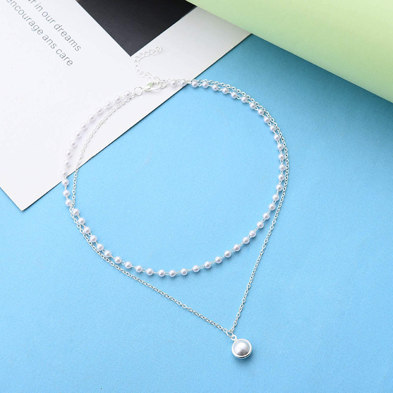 Faux Pearl Pendant Necklace Boho Artificial 2 Layers Pearl Necklace Chain Jewelry for Women Girls (Silver) Silver - BeesActive Australia