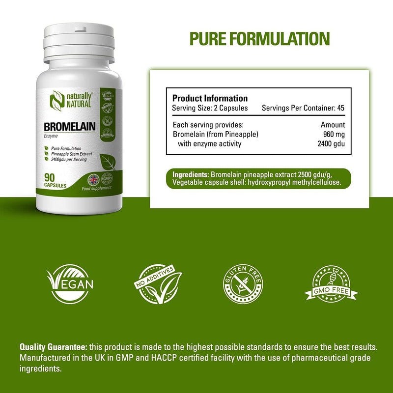 Naturally Natural Bromelain 90 Vegan Capsules High Dose 2400gdu per Serving, Pure Formulation for Inflammation, Swelling and Digestion - BeesActive Australia