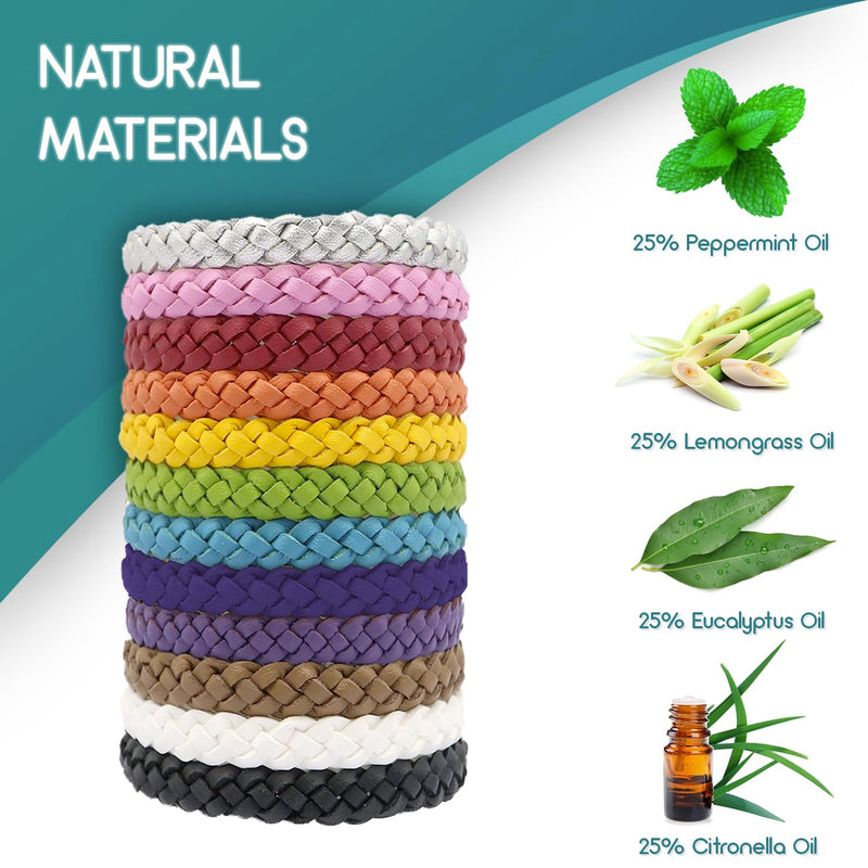 SC Products 12 Pack Natural Mosquito Repellent Bracelets – Nature Leather Braided Wrist Bands for Children and Adults | Adjustable Leather Deet Free | 300-Hour Insect Repellent Protection Original Design - BeesActive Australia