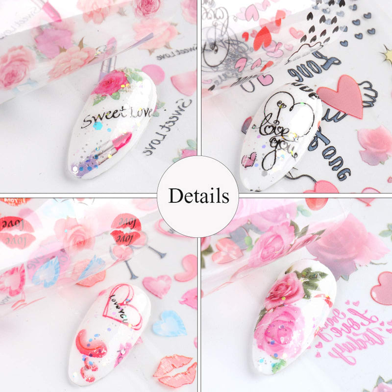 Valentine's Day Nail Foil Transfer Sticker Nail Art Decorations Valentine Nail Foils Nail Art Stickers Decals Sexy Red Lips Love Rose Heart Nails Foil Designs Manicure Tips Wraps Decor (10 Sheets) - BeesActive Australia