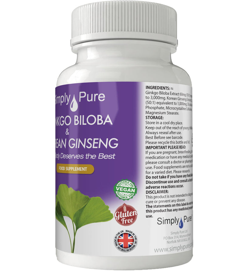 Simply Pure Vegan Ginkgo Biloba & Korean Ginseng 90x Tablets, 100% Natural, Gluten Free and GM Free - BeesActive Australia