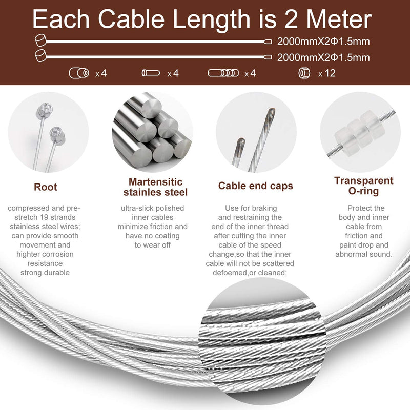 4PCS Premium Bike Brake Cable Set,Universal Standard Bicycle Brake Cable, Professional Bicycle Brake line For Front and Rear Mountain MTB or Road Bikes,include Free Cable Cap End Crimps accessories 2M - BeesActive Australia