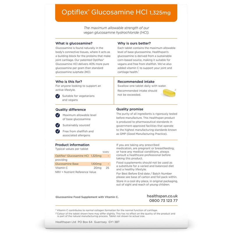 Healthspan Optiflex Glucosamine HCI 1,325mg with Vitamin C (8 Months' Supply) | Shellfish Free Vegan Tablets for Joint Health | 40% More glucosamine Than Glucosamine Sulphate | Added Vitamin C - BeesActive Australia