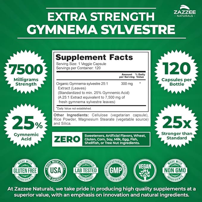 Zazzee Organic Gymnema Sylvestre 25:1 Extract, 7500 mg Strength, 25% Gymnemic Acid, 120 Vegan Capsules, Extra Strength, Non-GMO and All-Natural - BeesActive Australia
