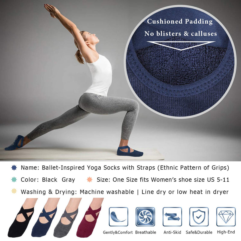 Ozaiic Non Slip Socks for Yoga Pilates Barre Fitness Hospital Socks for Women 4 Pairs - Black/Navy/D.gray/ Burgundy - BeesActive Australia