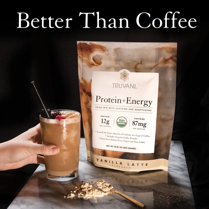 Truvani Protein + Energy Drink Mix with Caffeine & Adaptogens | USDA Certified Organic, Vegan, Non-GMO, & Gluten Free | Vanilla Latte (20 Servings) 20 Servings (Pack of 1) - BeesActive Australia