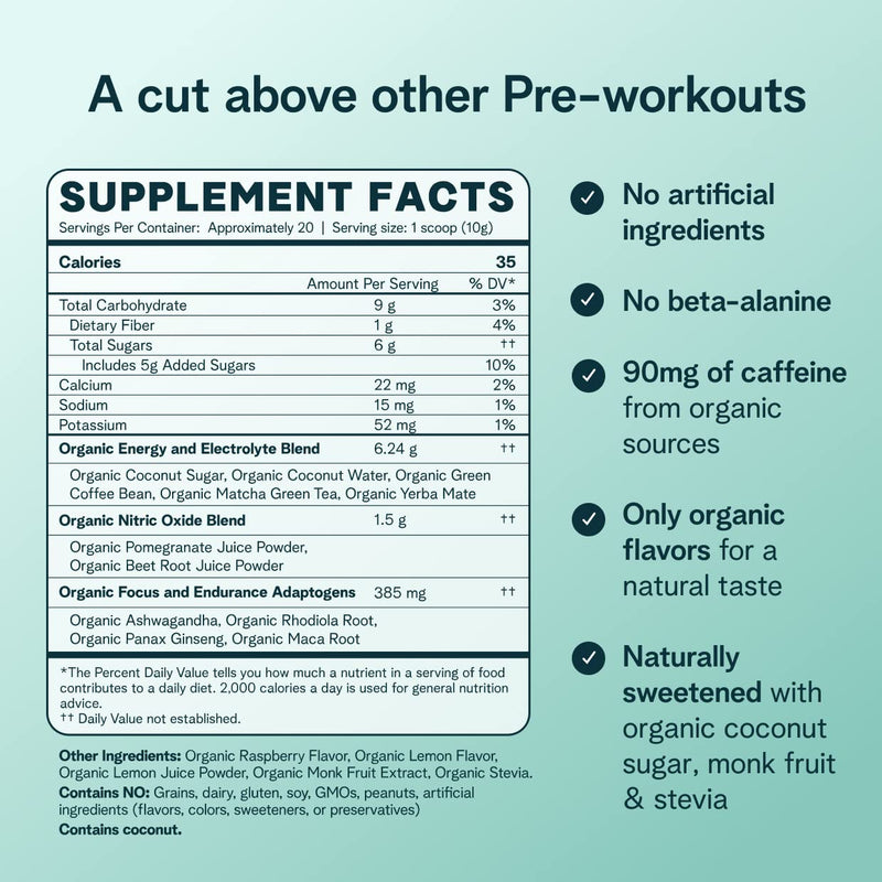 Ora Organic Natural Pre Workout Powder - Raspberry Lemonade Flavor- Provides Jitter Free Energy, Focus, Hydration, & Endurance - Vegan, Certified Organic, Soy, Dairy, & Gluten Free, 20 Servings - BeesActive Australia