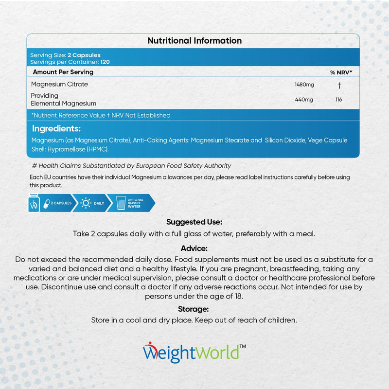 High Strength Magnesium Supplements - 240 Vegan Magnesium Citrate Capsules 1480mg - Providing 440mg High Absorption Elemental Magnesium - 4 Months Supply - Not Magnesium Tablets - Made in The UK - BeesActive Australia