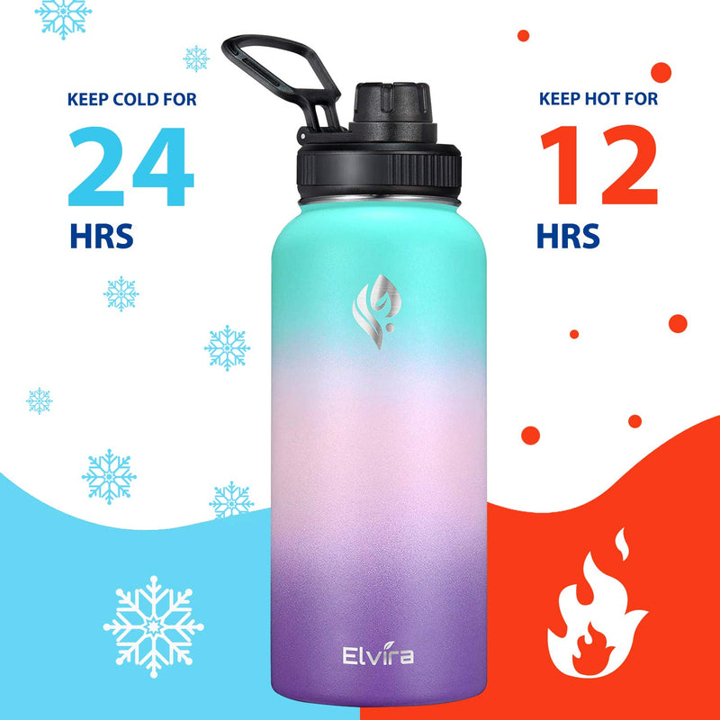 Elvira 32oz Vacuum Insulated Stainless Steel Water Bottle with Straw & Spout Lids, Double Wall Sweat-proof BPA Free to Keep Beverages Cold For 24 Hrs or Hot For 12 Hrs A1-Green/Pink/Purple Gradient - BeesActive Australia